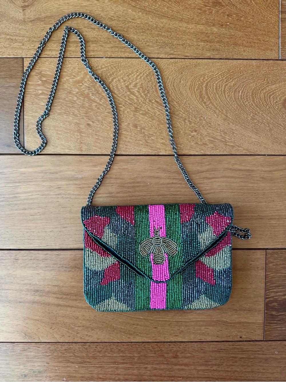 Beaded Bee Crossbody Bag Pink Green Stripes Chain Strap Evening Clutch